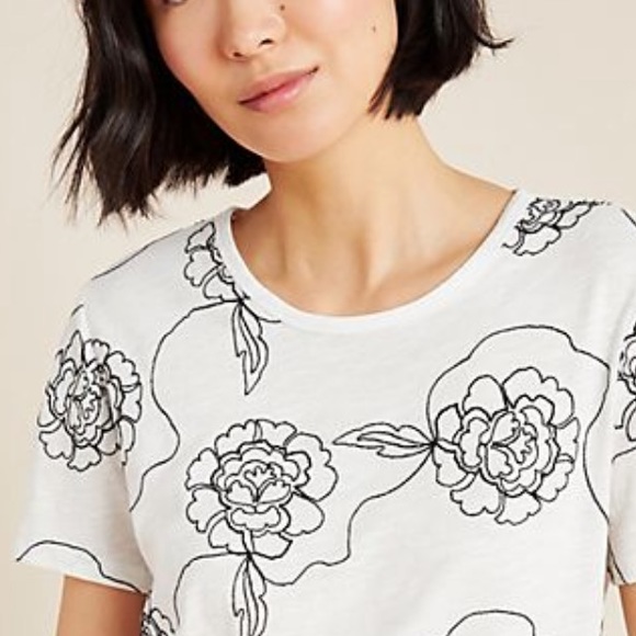 White + Warren x Anthropologie Sabine Floral Embroidered Sm White Black Cotton T - Picture 6 of 7